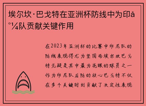 埃尔坎·巴戈特在亚洲杯防线中为印尼队贡献关键作用